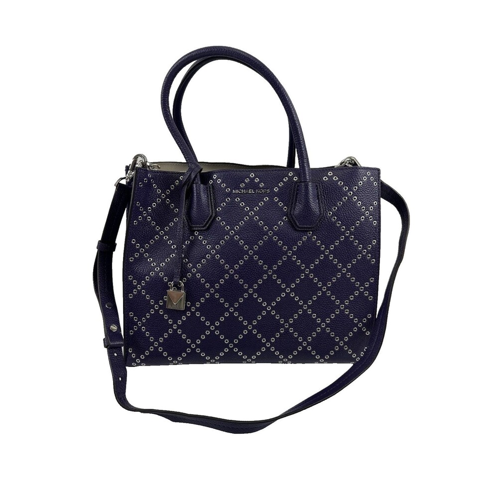 Michael Kors Mercer Stud and Grommet Large Convertible Leather Tote Purple Key - Picture 1 of 15